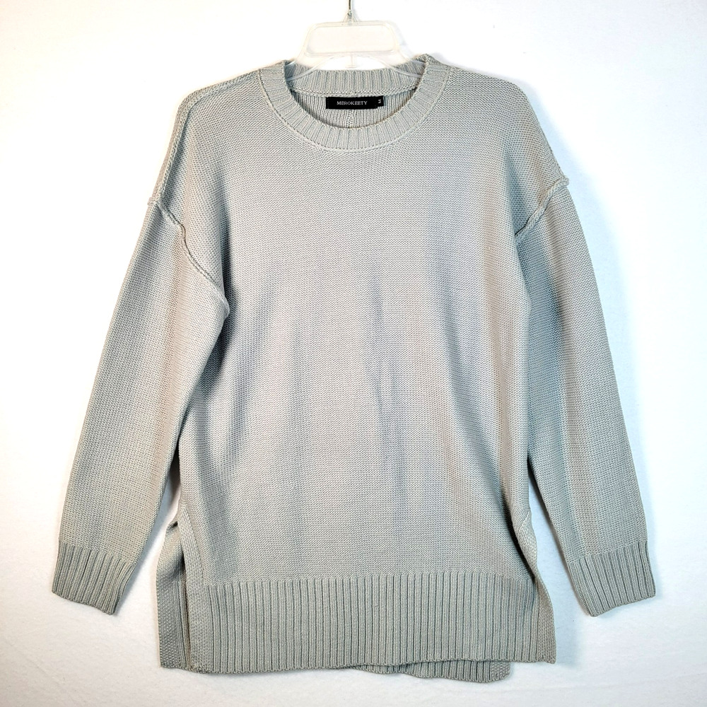 Merokeety Womens Crew Neck Knit Side Slit Sweater Size Medium Blue Fall Cozy